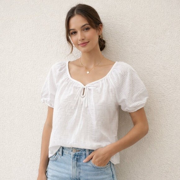J. Crew Tops - J.Crew White Gauze Puff Sleeve Peasant Blouse Cottagecore Top Size M